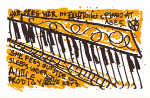 She sees her first flush toliet and piano at age 5. She pees outside and sleeps under the keys. A little prodigy.